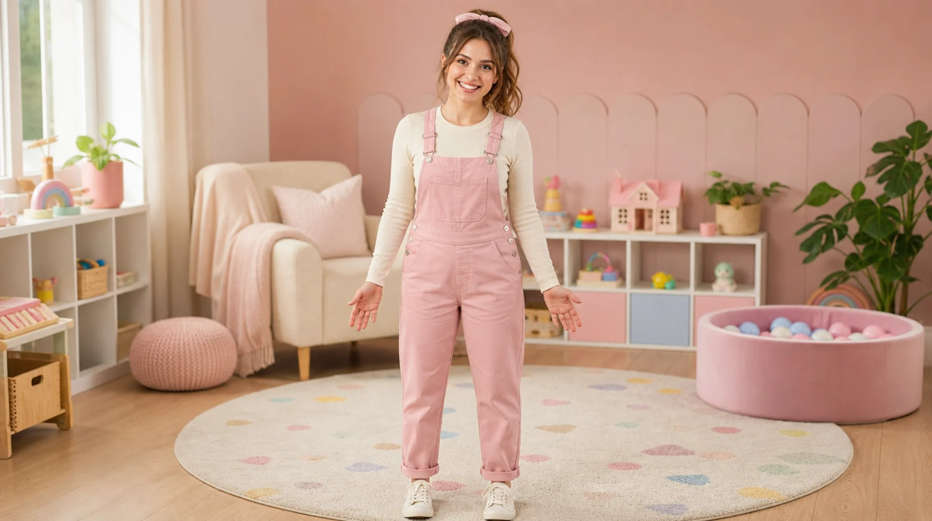 Mia smiling in the pink Mia & Moo playroom