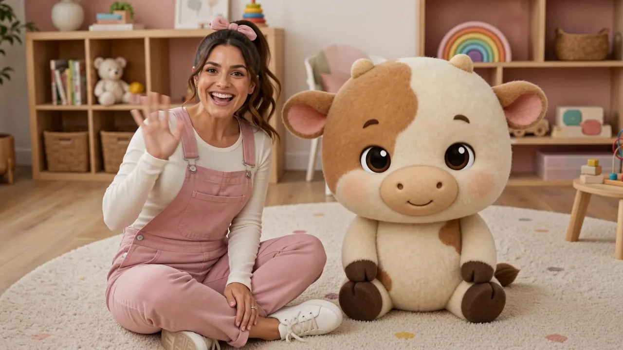 Mia waving hello next to Moo in the playroom